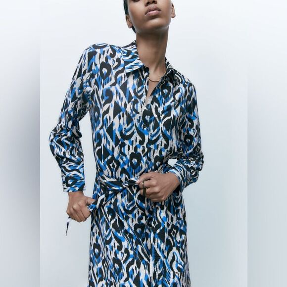 ZARA Printed Shirt Dress Blue New - Picture 9 of 15